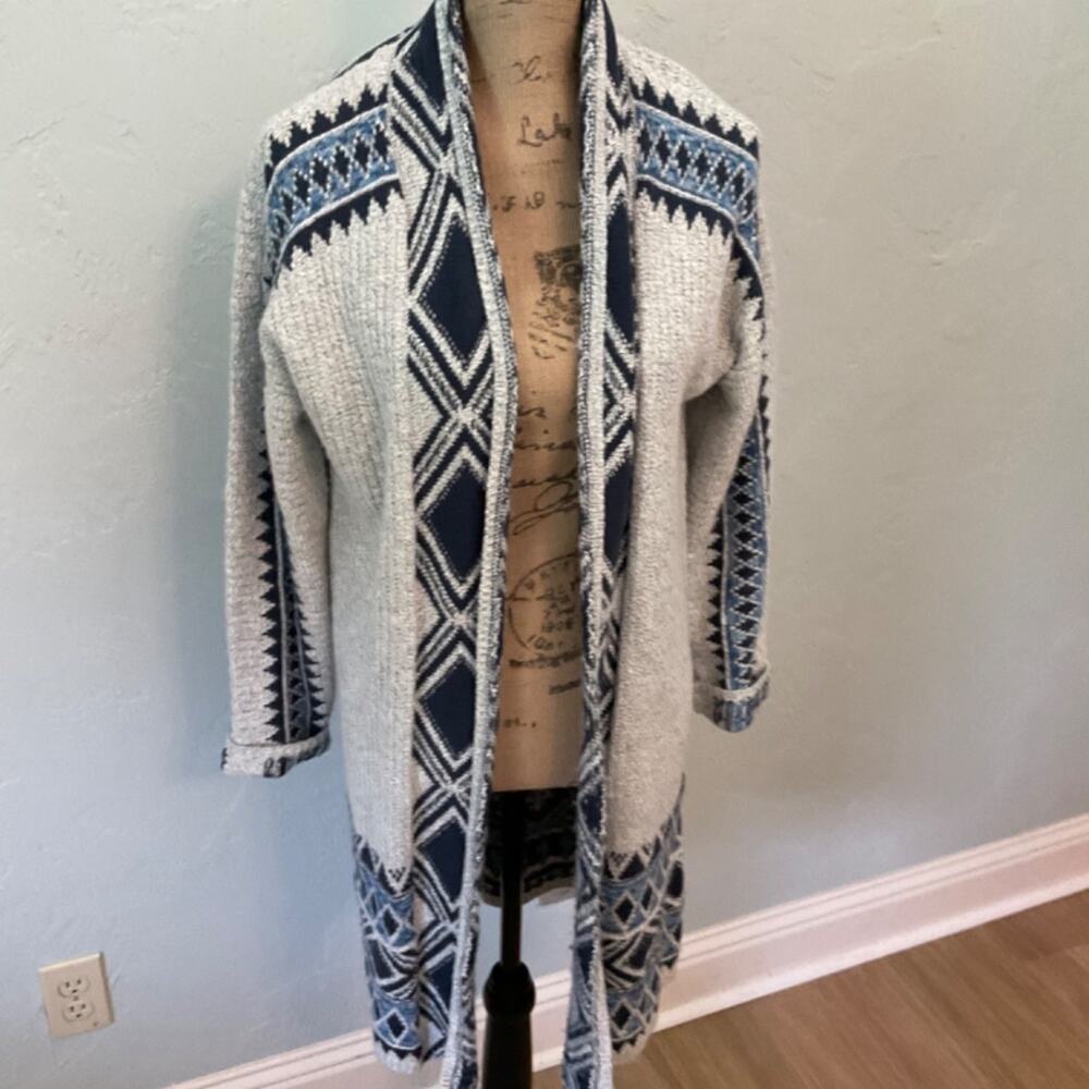 Lucky Brand Aztec Print Cardigan sweater long boho graphic chunky fair isle s